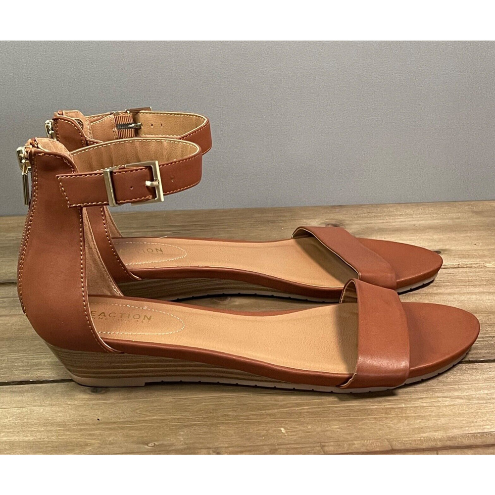 Kenneth Cole Cognac Brown Ankle-Strap Wedge Sandals